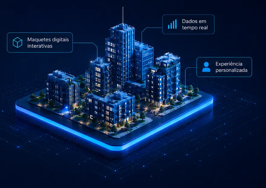 Empreendimento em 3D sobre base iluminada, com destaques de maquete interativa e experiência personalizada