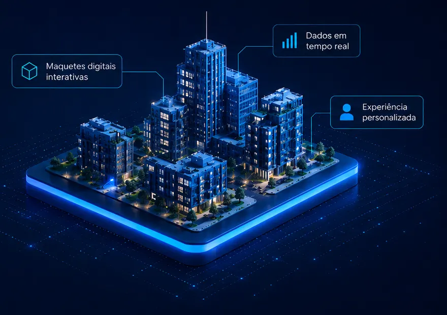 Maquete digital interativa: empreendimento residencial em 3D sobre uma base iluminada, com destaques de dados em tempo real e experiência personalizada