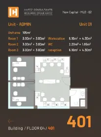 Ficha da unidade 401 com planta e metragens da Ronza Tower