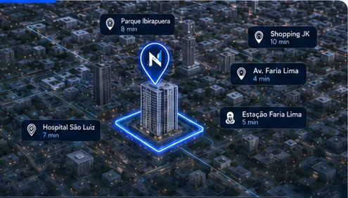 Mapa 3D da região com o empreendimento destacado e pontos de interesse próximos, como parque, shopping, hospital e estação